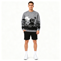 Sweat-shirt à col rond pour homme personnalisé OEM ODM avec impression intégrale sur le thème de la citrouille pour Halloween