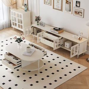 French Style Cream Tv Cabinet And Coffee <b>Table</b> <b>Set</b> Storage Living Room Furniture - Product Image 3