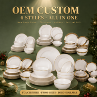 Service de table en porcelaine fine 18 pièces avec logo personnalisé OEM, bord doré, 6 styles élégants pour cadeau de Noël et de fêtes
