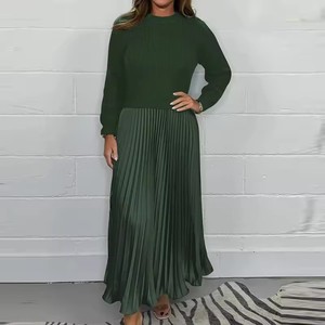 King Mcgreen Star Otoño Knit Top Pullover Patchwork Vestido plisado Señora Elegante O Cuello Sólido Vestido de manga larga Vestido suelto Maxi - Product Image 1