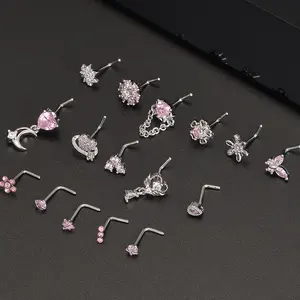 Custom Nose Rings For Women Cute Pink Zircon Micro Insert Stainless Steel L Shape Bar Nose Piercing Jewelry Body Piercing