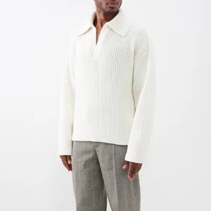 LeBo Wholesale Custom White Oversized Loose Open Collar Ribbed Solid Color Polo Neck Sweater For Men