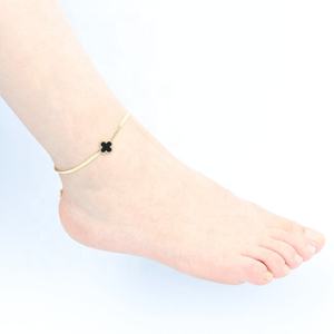 Moda donna ragazze acciaio inossidabile placcato oro smalto nero foglia design catena piatta cavigliera piede braccialetto - Product Image 1