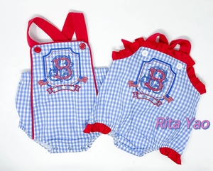 Abbigliamento Estivo per Neonati, Tutina a Bolle Personalizzata con Ricamo del 4 Luglio, Motivo a Quadretti Blu e Bretelle Rosse per Bambini e Bambine 2026 - Product Image 2