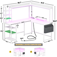 Bureau d'ordinateur réversible en forme de L pour bureau à domicile avec prise de courant Lumière LED Hutch Monitor Stand Étagères de rangement-pour l'écriture de jeu