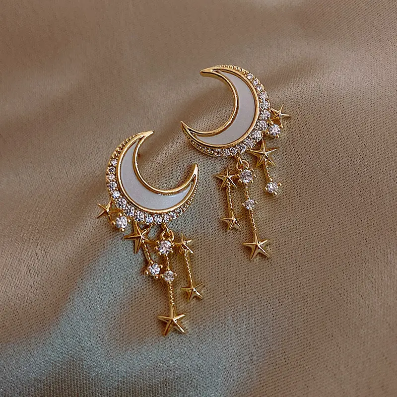 Neues Design Korean Gold Moon Ohr stecker 925 Silber Post Strass Quaste Star Charm Ohrringe für Frauen Mädchen