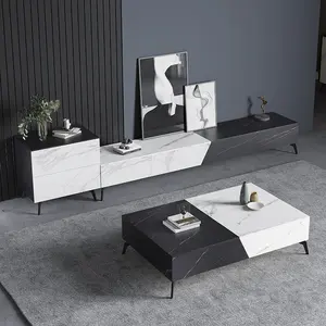 Minimalist slate coffee table TV cabinet combo modern light luxury floor to ceiling living room wall cabinet floor table