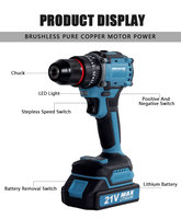 Perceuse sans fil personnalisée 21V avec moteur sans balais et accessoires, perceuse sans fil pour usage domestique ou industriel