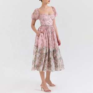Robe midi d'été décontractée pour femme, couleur rose, imprimé floral, taille à lacets, manches courtes, fermeture éclair au dos, avec doublure - Product Image 2