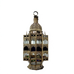 Premium Quality Iron <b>Gold</b> Moroccan <b>Lantern</b> With Blue Glass for Home Event Party Lighting Decorative Hanging <b>Lantern</b> - Product Image 1