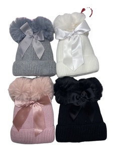 Gorros de punto de doble capa para niños y niñas, gorrito cálido de punto con lazo, para invierno - Product Image 2