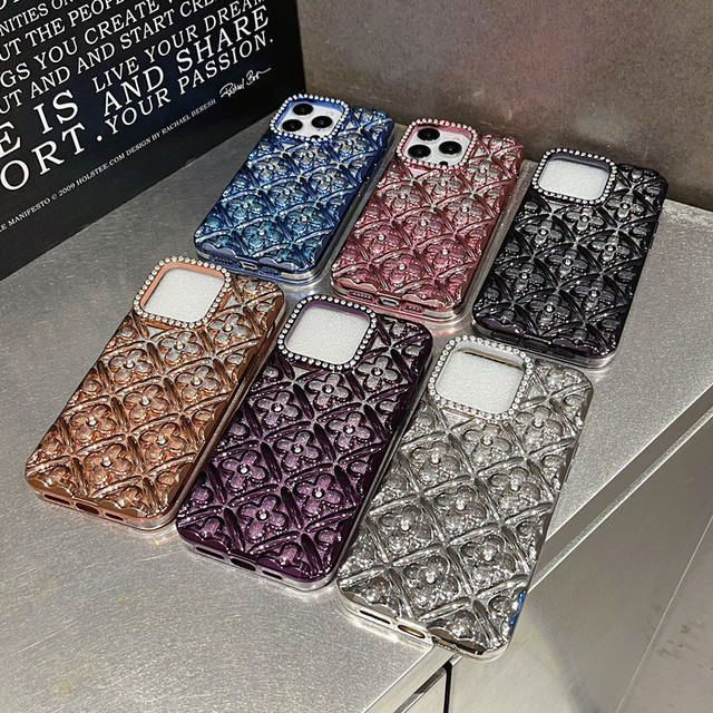Luxury Emboss Four Leaves Flower Electroplating clear Phone case for iPhone 16 15 14 13 17 Pro Max Gradient Glitter Card Cover
