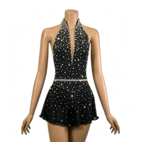 Robe de patinage artistique noire à col licou et décolleté en V profond, entièrement ornée de strass, avec jupe à dos ouvert ajouré, pour enfants, en Spandex/Nylon, pour compétition et spectacle sur glace