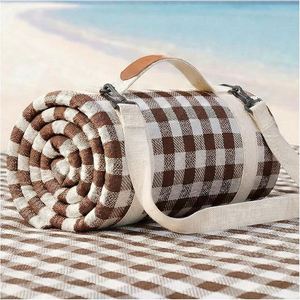 Waterproof Brown Plaid Oxford <b>Mat</b>, Foldable Thick Outdoor Camping Blanket With Carry Handle for <b>Beach</b> & Picnic - Product Image 1