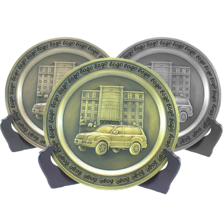 Custom 3d modello di auto antico bronzo moderno Design rotondo in lega di zinco goffrato Logo piastra in metallo Souvenir piastra