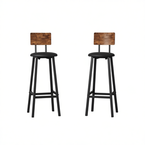 Ensemble de 2 tabourets de bar modernes, base en métal noir, dossier en bois, coussin épais, mobilier commercial, chaise d'îlot de cuisine pour hôtel - Product Image 1