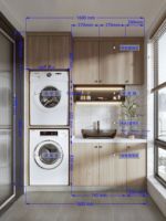 Meuble de buanderie modulaire personnalisé pour balcon avec ensemble lave-linge et sèche-linge intégrés, idéal pour appartements et centres commerciaux