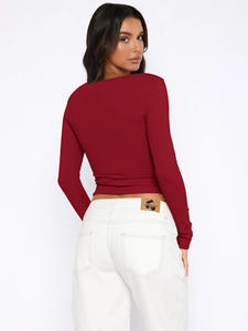 2024 t-shirt dimagrante per donna in maglia semplice con bottoni in tinta unita Casual autunnale da donna - Product Image 6