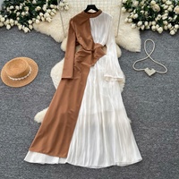 Robe longue décontractée élégante pour femme, à blocs de couleur, patchwork, manches longues, découpes, coupe trapèze, pour le quotidien et les soirées