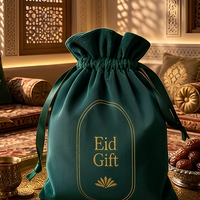 Sac cadeau en velours vert, pochette d'emballage Eid Mubarak, logo personnalisé, feuille d'or pour bijoux Eidiya