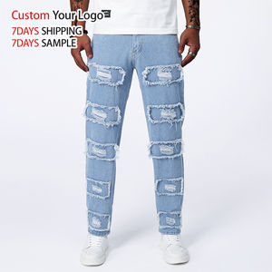 Jeans de Mezclilla Azul Elásticos de Alta Calidad, Corte Recto, Ajustados, Desgastados, de Cintura Media, Casuales y Personalizados para Hombre - Product Image 1