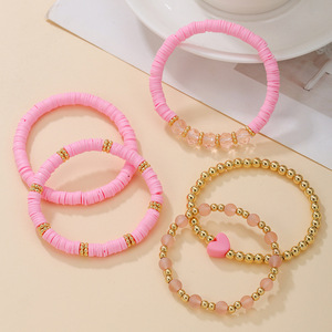 Pink Polymer Clay Heart Shaped <b>Beaded</b> <b>Bracelet</b> Set For Women Party Jewelry 5 Piece Bohemian Style CCB Crystal Beads - Product Image 3