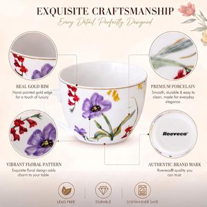 <span class=keywords><strong>Service</strong></span> de vaisselle en <span class=keywords><strong>porcelaine</strong></span> à bordure dorée florale, 8 assiettes, bols, tasses |   Motif végétal, imprimé floral irisé naturel, luxe - Product Image 6