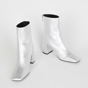 Bright Solid Color Women's Leather Short Boots Square Toe Back Zipper Ankle Booties 6cm Medium Chunky Heels <b>Shoes</b> - Product Image 6