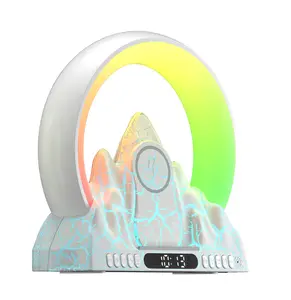 Gran oferta de luz nocturna USB con reloj despertador 15W cargador inalámbrico colorido volcán grieta atmósfera lámpara de escritorio altavoz Bluetooth