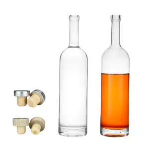 Bouteille de vin en verre silex ronde transparente personnalisée de 750ml avec bouchon en bois de liège pour whisky vodka tequila autres liquides emballés dans une boîte
