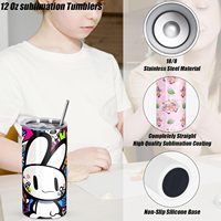 Gobelets de sublimation vierges de 12 oz en acier inoxydable à double paroi isolés, avec pailles et brosses pour enfants, emballés individuellement en vrac