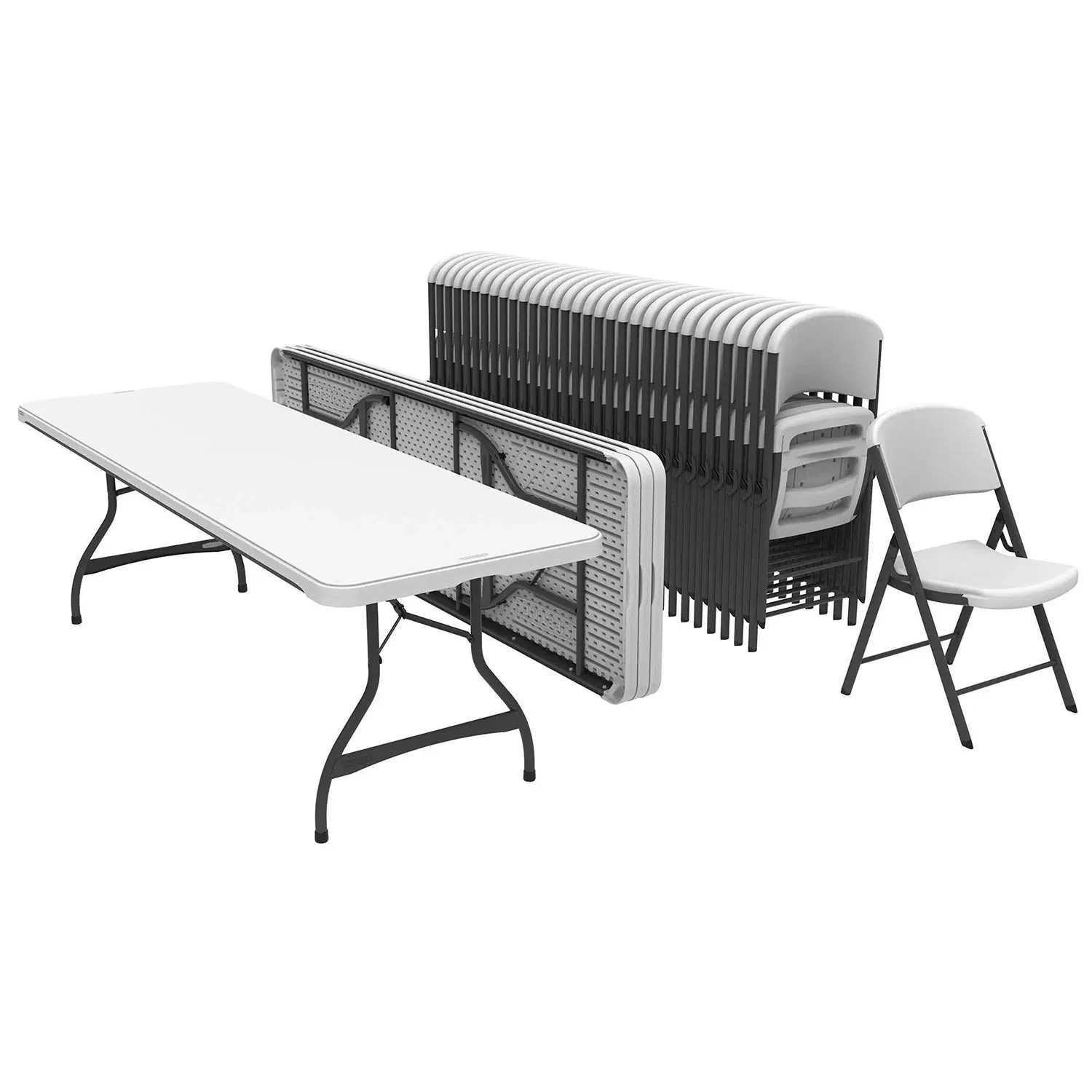 مجموعة طاولة و كراسي بيضاء بلاستيكية قابلة للطي عالية الجودة تكفي 6 قدم 8 قدم لحفلات الحديقة تكفي 8-10 أشخاص للإيجار للمناسبات