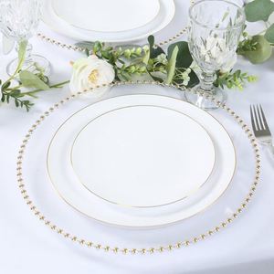 Gold Beaded Rim <b>Plastic</b> Dinner Plate 10.5 Inch Clear White Round Underplates Bulk Reusable Party Tableware for Banquets - Product Image 1