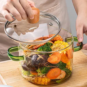 Colorful kitchenware thicken transparent double ears handle pot heat resistant soup pot with cover