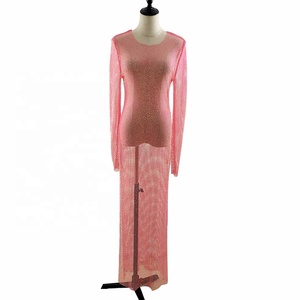 V094 Abito Lungo di Alta Qualità con Cristalli Scintillanti e Strass, Vestito Trasparente in Rete con Strass - Product Image 3