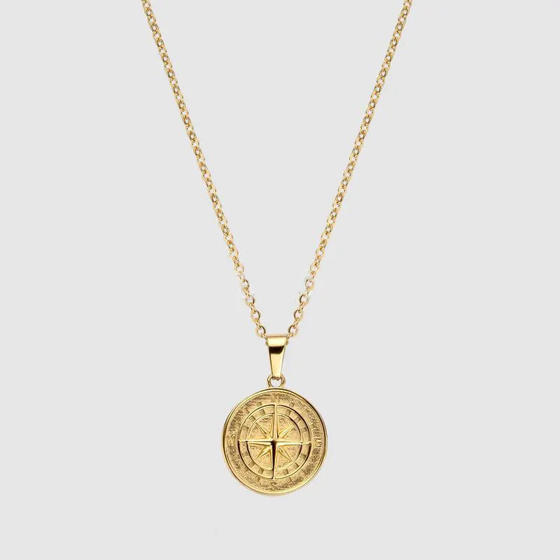 PVD Gold plated tarnish free men compass pendant necklace jewelry north star pendant jewelry