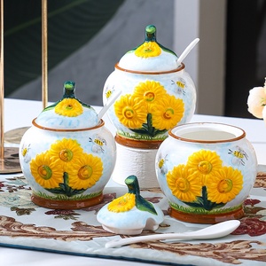 Juego de Platos y Tazones de Cerámica con Diseño de <span class=keywords><strong>Girasol</strong></span>, Pintados a Mano, Estilo Retro de Lujo Ligero para Sala de Estar - Product Image 4