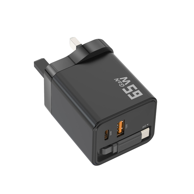 65W Fast Charge GaN Wall Charger With 70cm Retractable Cable for iphone 16/17 Series