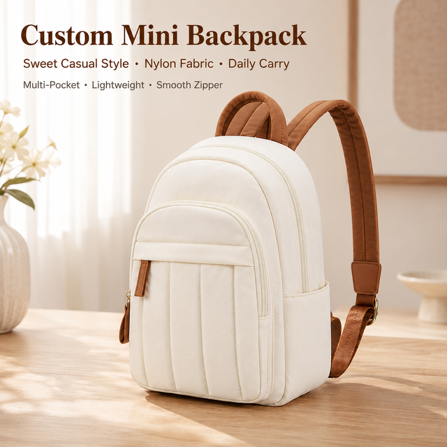 Custom Mini Backpack Nylon Lightweight Waterproof Durable Natural Beige Sweet Casual Small Portable Ladies Daily Pocket Backpack