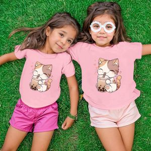 FOXA Cute <b>Cat</b> Graphic T-Shirt Women's Summer Cotton <b>Tops</b> Bubble Tea Print Kawaii Cartoon Animal Design Regular Length - Product Image 3