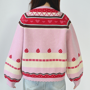 Áo cardigan len dệt kim họa tiết dâu tây cổ ren dễ thương, kiểu dáng mới, dệt jacquard tùy chỉnh, kiểu Fair Isle dành cho nữ - Product Image 4