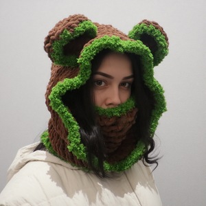 Cagoule <span class=keywords><strong>tricot</strong></span>ée mignonne pour <span class=keywords><strong>femme</strong></span> avec oreilles d'ours, bonnet chaud d'hiver pour le ski, cache-cou épais à <span class=keywords><strong>capuche</strong></span>, cache-cou animalier moelleux fait main - Product Image 5