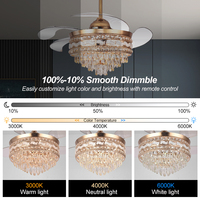Y118 Vente en Gros Ventilateur de Plafond de Luxe avec Lumière Lustre en Cristal Doré Pales Rétractables Lumières de Plafond pour Salon Chambre