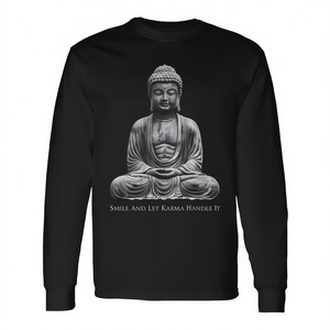 Camiseta de manga larga con estampado de estatua de Buda Sonríe y deje que el karma se encargue de todo Medita - Product Image 2