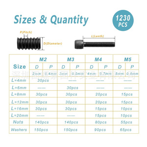 High Strength Grade 12.9 Black Cup Head Hex Socket Screws Nuts Washers Kit M2 M3 M4 M5 1230pcs <b>Tool</b> <b>Set</b> - Product Image 2