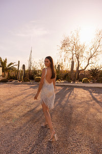 Robe moulante à franges à fines franges pour femmes, tenue des années <span class=keywords><strong>1920</strong></span>, col licou, épaules dénudées, sans manches, Mini caraco, à franges - Product Image 5