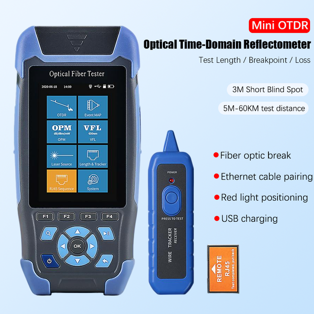NK3200D 9 in 1 Mini OTDR Handheld Fiber Optic Tester 1310/1550nm 24/22dB 60KM with OPM VFL RJ45 Tracker Sequence Event Map LED