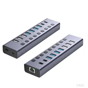 Hub USB alimenté 3.0 10 ports USB 3.0 Ports de transfert de données en aluminium durables Ports de charge intelligents avec interrupteurs marche/arrêt individuels