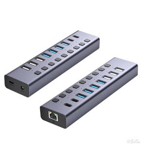Hub <span class=keywords><strong>USB</strong></span> alimenté 3.0 10 ports <span class=keywords><strong>USB</strong></span> 3.0 Ports de transfert de données en aluminium durables Ports de charge intelligents avec interrupteurs marche/arrêt individuels - Product Image 1