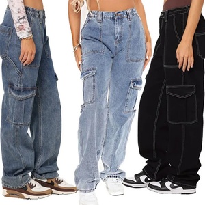 Pantalon décontracté taille haute classique à poches, coupe large, en jean pour femme, style baggy boyfriend, pantalon cargo en jean - Product Image 3